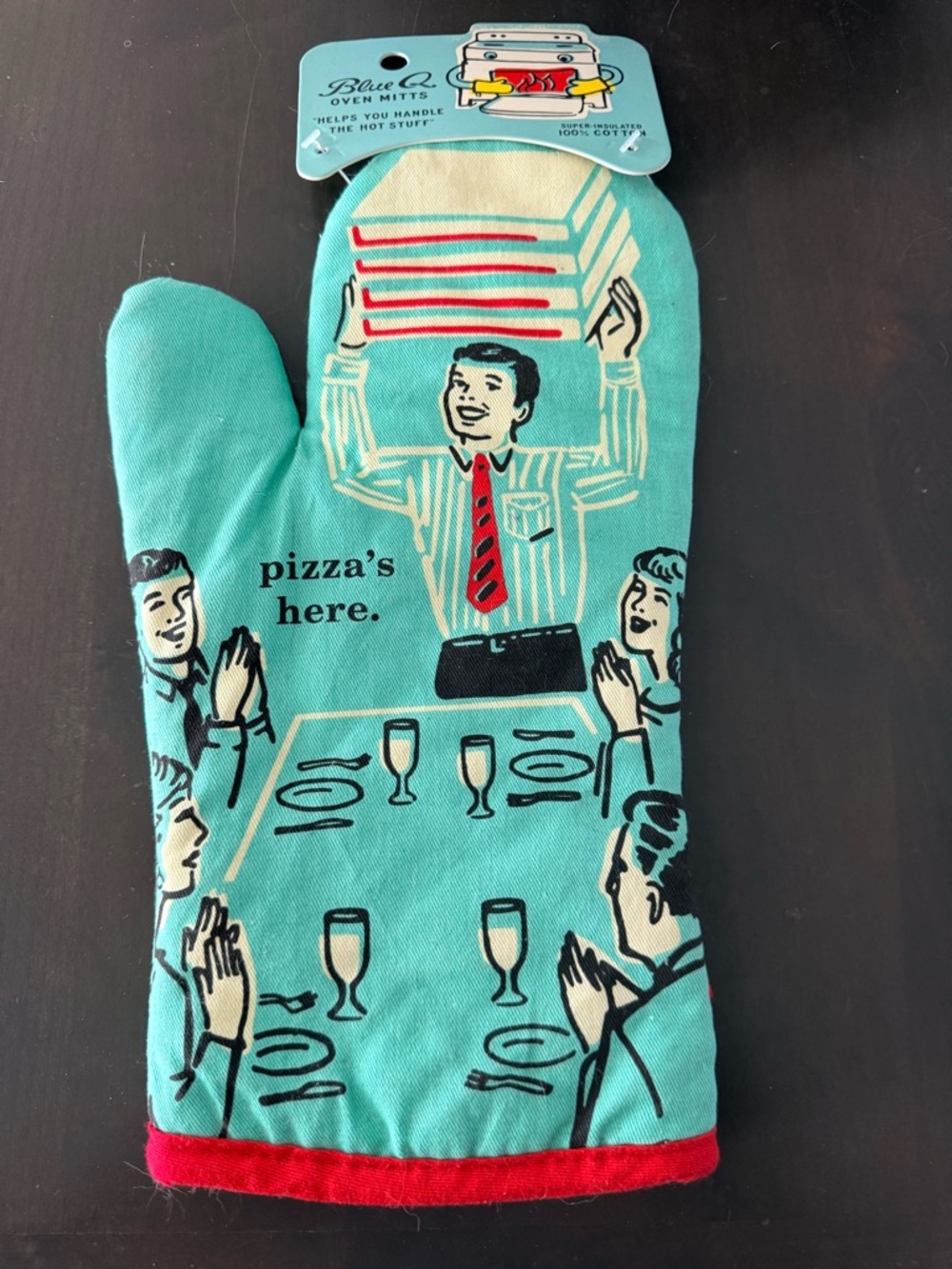NWT Blue Q Teal Oven Mitt with Retro Pizza Illustration